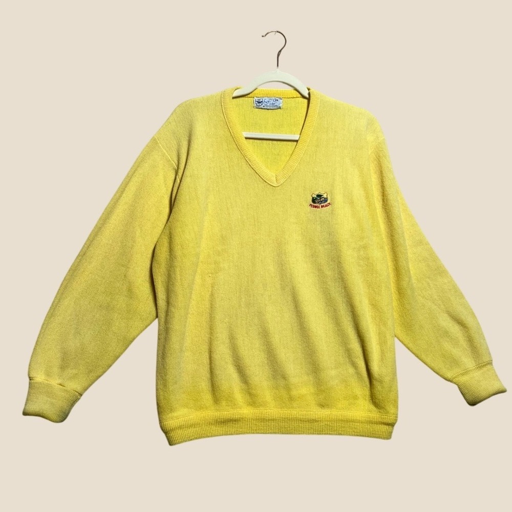 Vintage 70s Pebble Beach Golf Sweater Yellow Orlon Acrylic V-Neck L